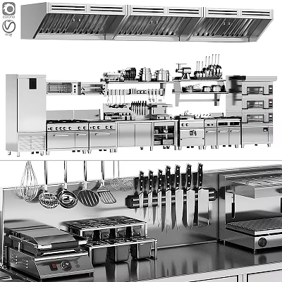 Professional Kitchen With Stainless Steel Cabinets Hanging Utensils And Cooking Knives 3d model