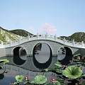 Stone Arch Bridge Featuring White Railings and Lotus Flowers on Water with Green Hills