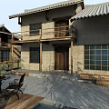 Traditional Guesthouse Building With Wooden Walkway Stone Pavement And Outdoor Seating