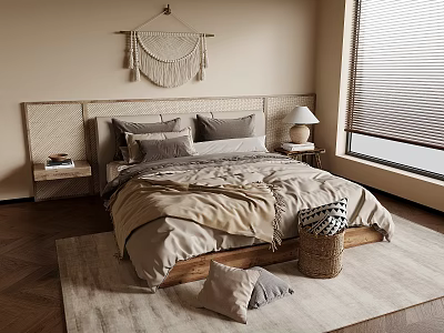 Warm Bedroom Interior With Wicker Headboard Pillows Blanket Table Lamp Rug And Macrame Wall Hanging 3d model
