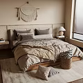 Warm Bedroom Interior With Wicker Headboard Pillows Blanket Table Lamp Rug And Macrame Wall Hanging