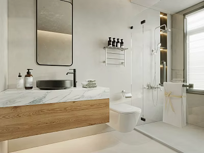 Modern Minimalist Bathroom Interior With Marble Countertop Wooden Cabinet Wall Mounted Toilet And Shower Area 3d model
