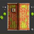 Cute Cartoon House With Orange Roof Brown Door Blue Windows White Walls And Green Bush