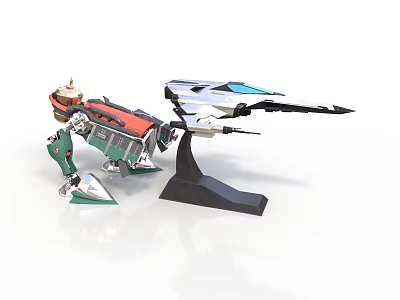 Robot Character With Mechanical Dinosaur Model And Weapon Attachment On Black Stand 3d model
