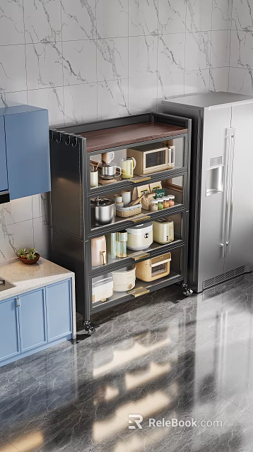 Kitchen Accessories Storage Shelf Set With Wheels Blue Cabinets Marble Countertop And Appliances 3d model 