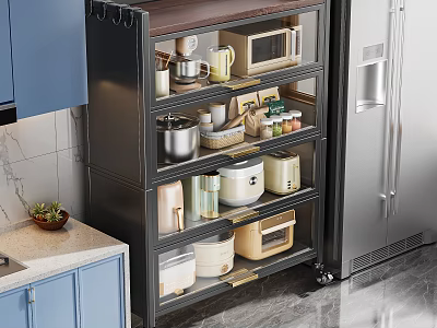 Kitchen Accessories Storage Shelf Set With Wheels Blue Cabinets Marble Countertop And Appliances 3d model