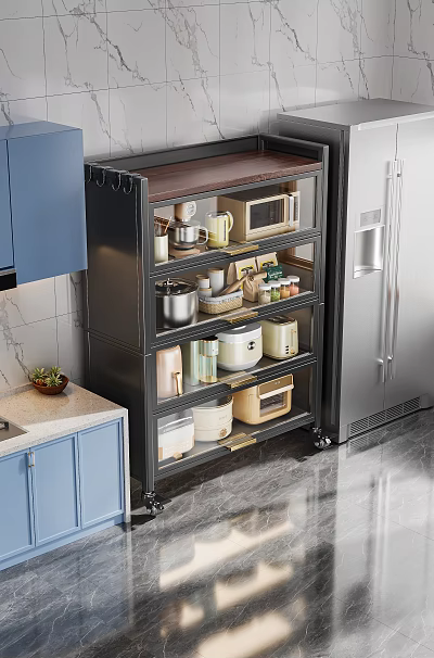 Kitchen Accessories Storage Shelf Set With Wheels Blue Cabinets Marble Countertop And Appliances 3d model