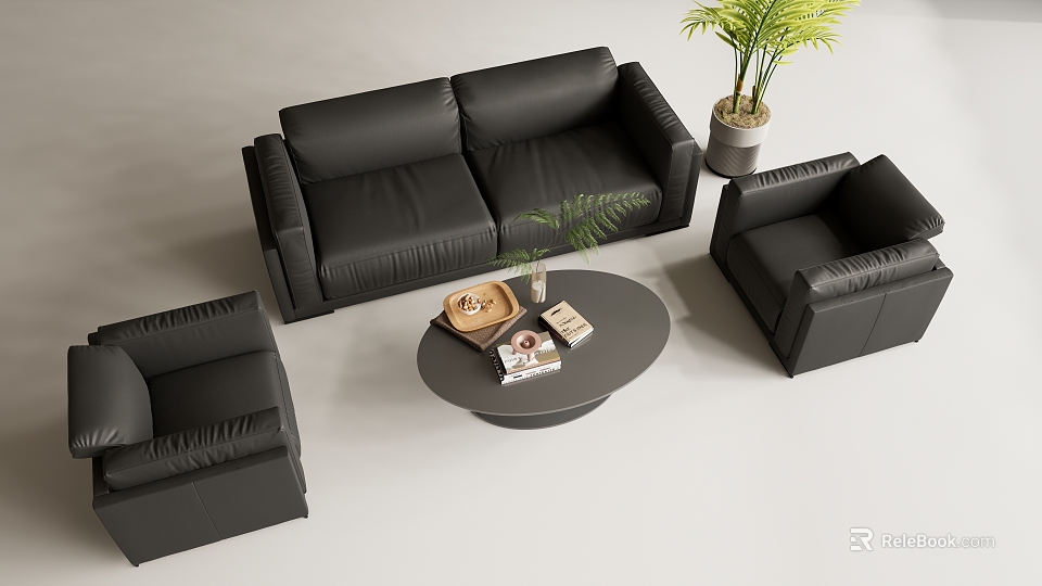 Black Leather Sofa Set With Armchairs Coffee Table And Potted Plant 3d model 