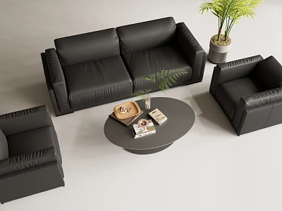 Black Leather Sofa Set With Armchairs Coffee Table And Potted Plant 3d model