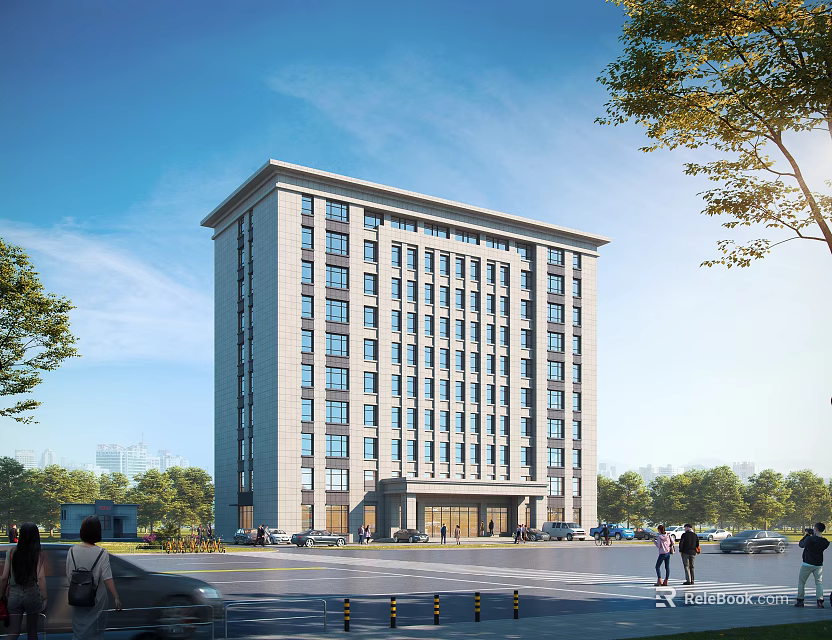Modern Architectural Office Building Exterior With Large Windows Trees People And Street View 3d model 