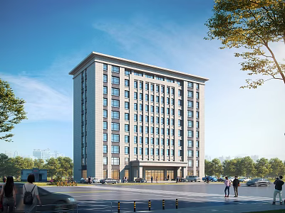Modern Architectural Office Building Exterior With Large Windows Trees People And Street View 3d model
