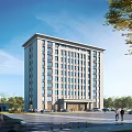Modern Architectural Office Building Exterior With Large Windows Trees People And Street View