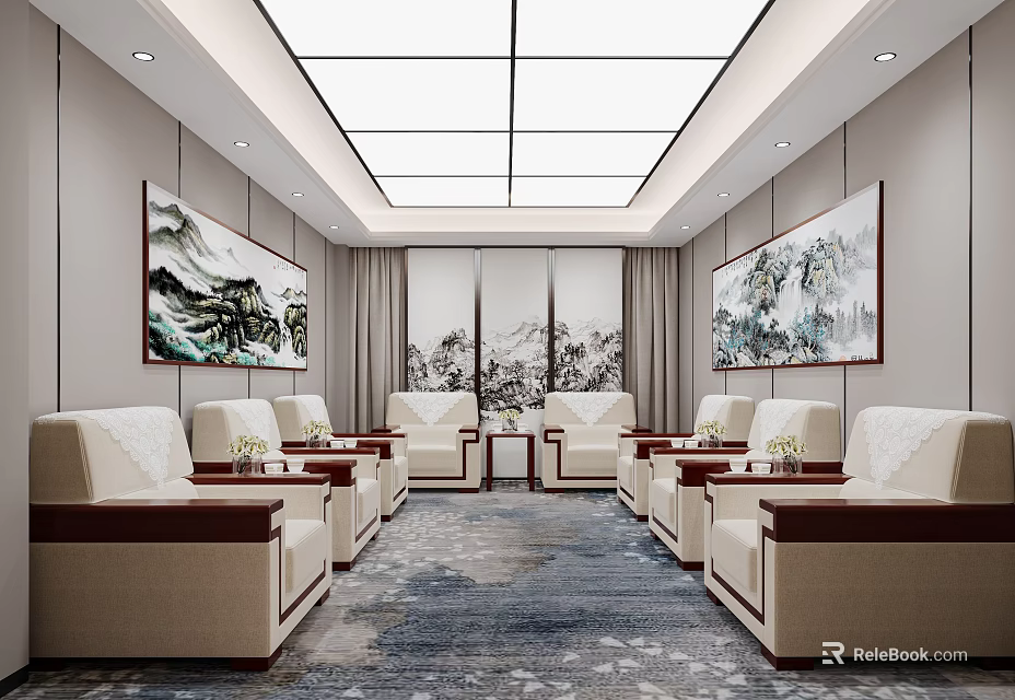 Hotel Public Lounge With Beige Sofas Chinese Paintings Patterned Carpet And Ceiling Lighting 3d model 