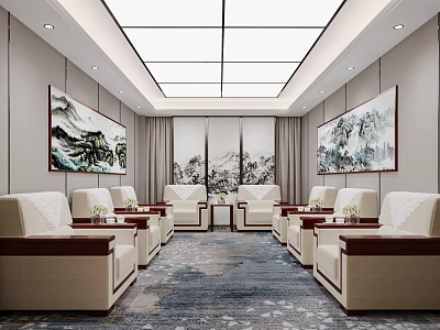 Hotel Public Lounge With Beige Sofas Chinese Paintings Patterned Carpet And Ceiling Lighting 3d model