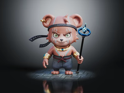 Cartoon Bear Character with Big Ears Decorative Headband and Blue Flame Staff 3d model