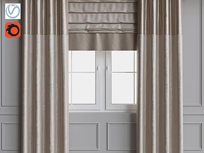 Elegant Beige Pleated Curtains With Valance For Classic Window Interior Design 3d model