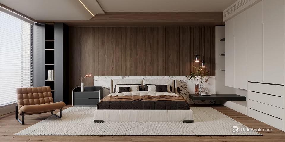 Modern Bedroom Interior With Wooden Paneled Walls Marble Headboard And Pendant Lights 3d model 