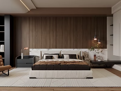 Modern Bedroom Interior With Wooden Paneled Walls Marble Headboard And Pendant Lights 3d model