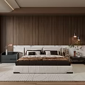 Modern Bedroom Interior With Wooden Paneled Walls Marble Headboard And Pendant Lights
