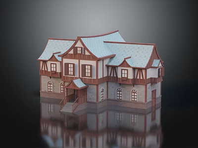 Traditional Detached Villa With Gabled Roof Wooden Frame Stone Walls Porch And Reflection 3d model