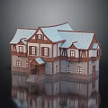 Traditional Detached Villa With Gabled Roof Wooden Frame Stone Walls Porch And Reflection