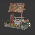 Mini Garden Ornament With Tile Roof House Well Red Motorcycle And Tools