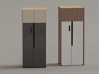 Modern Two Tone Refrigerators With Wooden White And Gray Beige Design 3d model