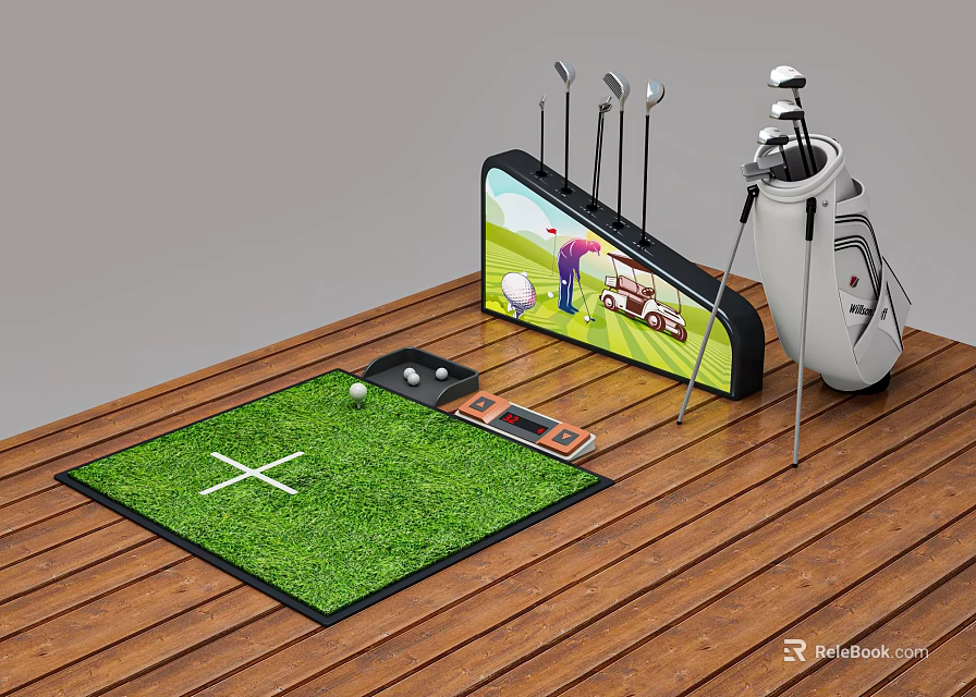 Golf Sports Equipment With Practice Mat Bag Clubs And Indoor Training Screen Setup 3d model 
