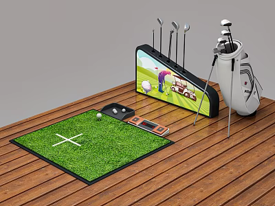 Golf Sports Equipment With Practice Mat Bag Clubs And Indoor Training Screen Setup 3d model