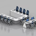 Modern Monitoring Room With White Control Consoles And Blue Ergonomic Chairs