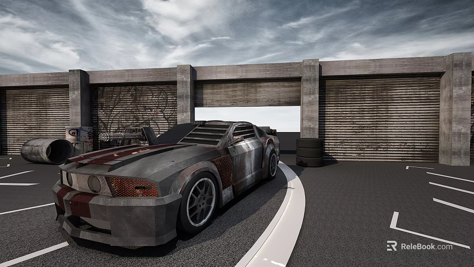 Rusty Modified Sports Car Parked By Concrete Garage With Graffiti Wall 3d model 