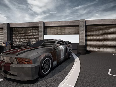 Rusty Modified Sports Car Parked By Concrete Garage With Graffiti Wall 3d model