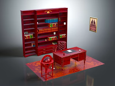 Classic Mahogany Office Desk With Tall Bookshelf Books Leather Chair Decorative Rug And Framed Art 3d model