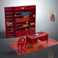 Classic Mahogany Office Desk With Tall Bookshelf Books Leather Chair Decorative Rug And Framed Art