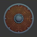 Round Wooden Shield With Blue Metal Rim Central Metal Boss And Rune Patterns