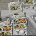 White Multi Tiered Kitchen Shelves Featuring Dinnerware Set Fresh Fruits Vegetables And Condiment Bottles