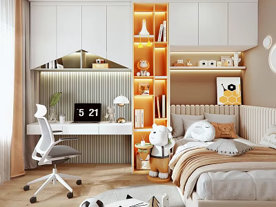Modern Kids Bedroom With Bed Study Desk Illuminated Shelves And Toys 3d model