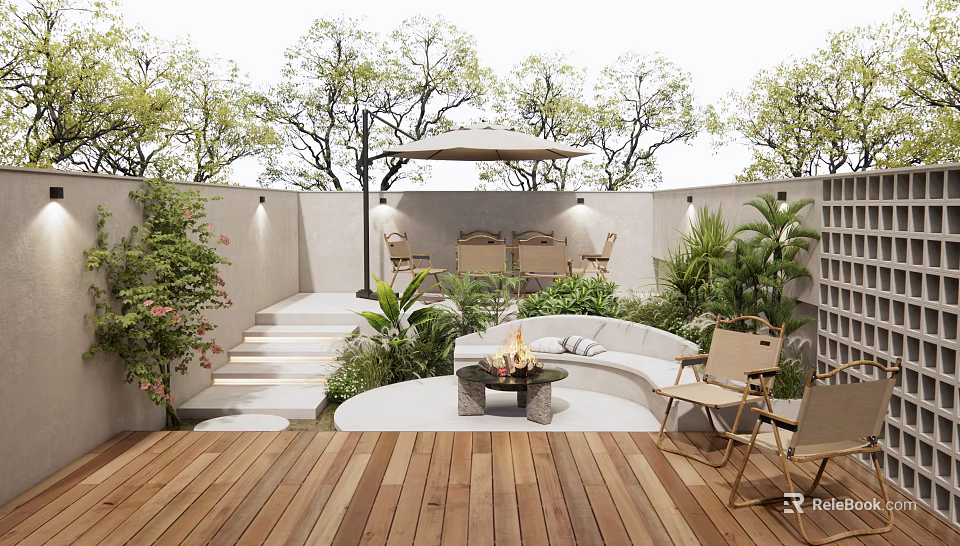 Cozy Courtyard Garden Featuring Wooden Deck Outdoor Sofa Fire Pit Umbrella And Lush Plants 3d model 