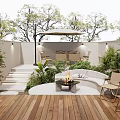 Cozy Courtyard Garden Featuring Wooden Deck Outdoor Sofa Fire Pit Umbrella And Lush Plants