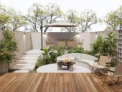 Cozy Courtyard Garden Featuring Wooden Deck Outdoor Sofa Fire Pit Umbrella And Lush Plants 3d model