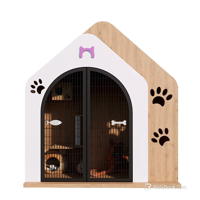 White And Wooden Pet House Featuring Pink Bow Black Paw Prints Arched Door And Decor 3d model 