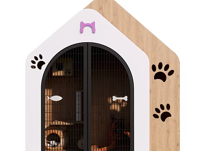 White And Wooden Pet House Featuring Pink Bow Black Paw Prints Arched Door And Decor 3d model