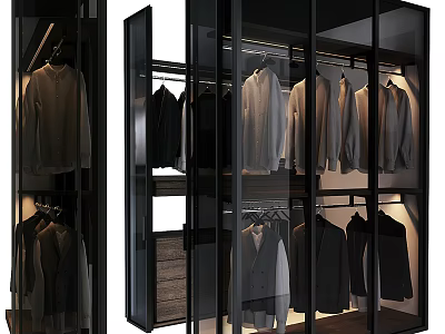 Modern Wardrobe With Glass Doors And Metal Frame For Hanging Clothes Storage 3d model