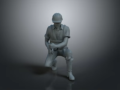 3D Construction Worker Model Wearing Safety Helmet And Work Uniform In Crouching Position Holding Tool 3d model