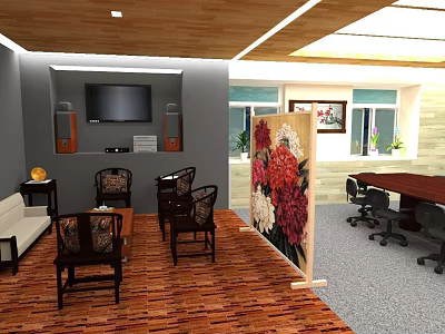 Modern Meeting Room With Lounge Area Sofa Coffee Table Floral Screen And Conference Table 3d model