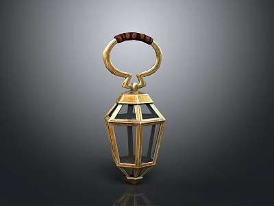 Vintage Gold Lantern With Glass Panels And Wooden Accent Ring Handle 3d model