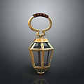 Vintage Gold Lantern With Glass Panels And Wooden Accent Ring Handle