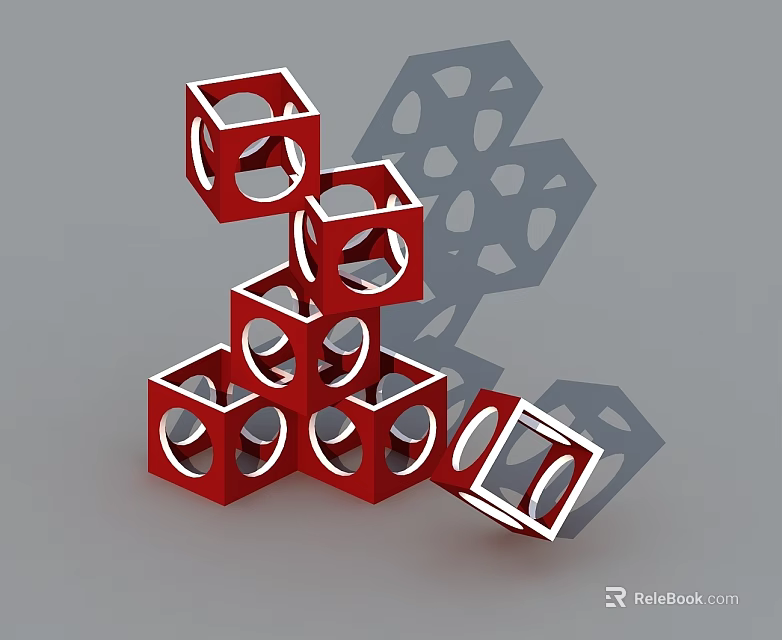 Swing Door Design Featuring Red Stacked Cubes With Hollow Circular Cutouts And Shadows 3d model 