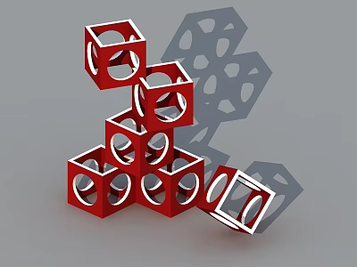Swing Door Design Featuring Red Stacked Cubes With Hollow Circular Cutouts And Shadows 3d model