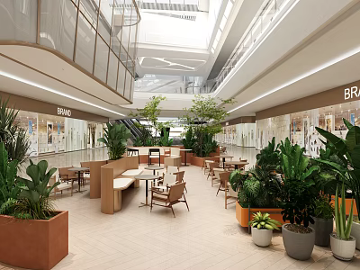 Floral Display Design In Shopping Mall Interior With Greenery Plants Tables And Chairs 3d model